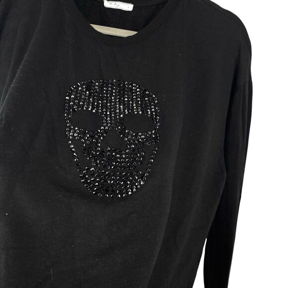 Brit NY Sequined Sugar Skull T-shirt Top Women size Large Black Long Sleeve - Picture 1 of 10